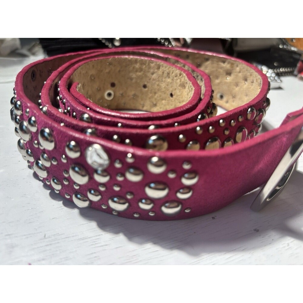 WOMEN’S 2XL HOT PINK FUSCIA 100% LEATHER STUDDED RHINESTONE SUEDE BELT SZ 38-42